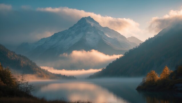 Majestic peaks covered in autumn fog at dawn viewed from a lake.