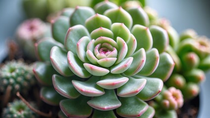 Macro succulent Cactus plant featuring thick-leaved rosettes resembling rose petals, belonging to the Crassulaceae family of flowering plants, known as hen and chicks.