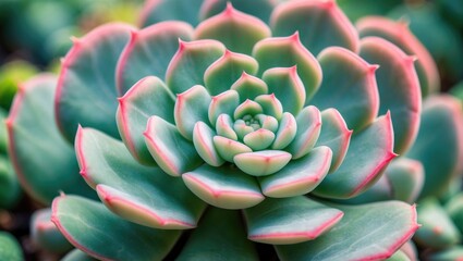 Fototapeta premium Macro succulent cactus plant featuring thick-leaved rosettes that resemble rose petals, belonging to the family Crassulaceae, known as hen and chicks.