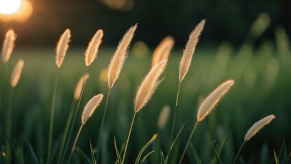 Macro photograph of fluffy grass ears illuminated by sunset backlight against a dark background.