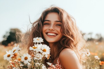 A cheerful woman stands in a sunny field holding delicate daisies generating happiness. Generated AI