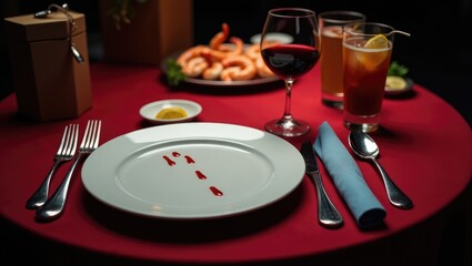 Mysterious murder-themed dinner party event featuring a bloody knife.