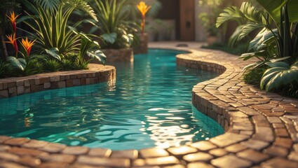 Obraz premium Luxury swimming pool surrounded by tropical plants and a stone pathway. Patio by the poolside.