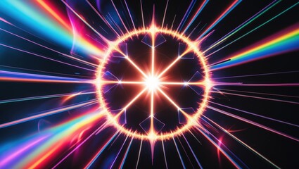 Light against a black background. Simple to apply an overlay or screen filter to images. Abstract sunburst featuring a digital lens flare backdrop. Gleams of rounded and hexagonal shapes, rainbow h...