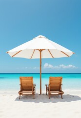 Fototapeta premium Beach Scene: White Umbrella, Two Wooden Chairs, Turquoise Ocean