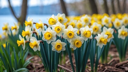 Fototapeta premium Daffodil flowers blooming in a small park by the lake's shore during springtime.