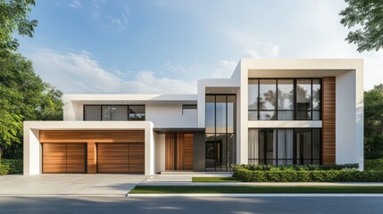 A modern, luxurious villa with a simple yet elegant design, combining white walls and wood accents for a contemporary aesthetic