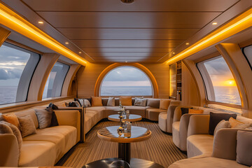 Fototapeta premium Luxurious high-end cruise ship lounge featuring plush seating and elegant design, offering an ocean retreat