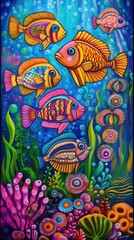 Obraz premium Colorful cartoon fishes swimming around coral and underwater plants