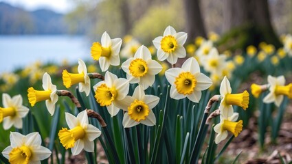 Obraz premium Beautiful daffodil flowers in a small park by the lake's coast during springtime.