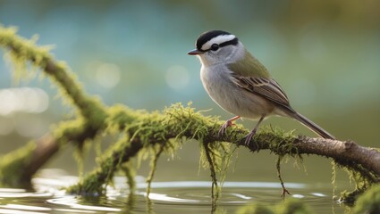 Fototapeta premium Long-tailed tit perched beside the water.