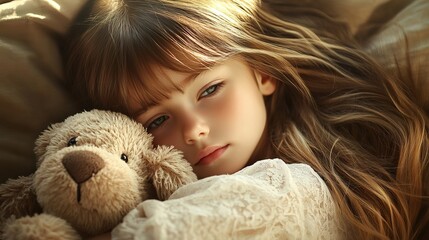 Adorable Little Girl Peaceful Sleep Tenderly Holding Beloved Teddy Bear Soft Light Dreamy Atmosphere Sweet Child Innocence Gentle Peaceful Restful    