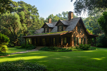 Charming rustic house surrounded by lush greenery, showcasing serene nature and peaceful atmosphere