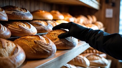 A hand in a black glove picking a round loaf of fresh bread from a shelf, highlighting the artisanal quality and inviting warmth of the atmosphere.