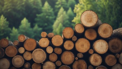 Logging and deforestation of the planet. Piled logs. Background of stacked timber.