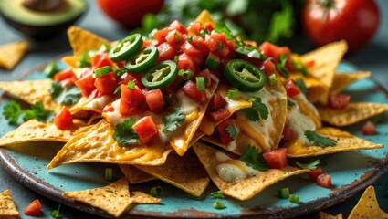 Loaded nachos topped with salsa, cheese, and jalape&Atilde;&plusmn;o.