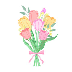 Tulip bouquet vector illustration. Pink, red and yellow colored beautiful spring flower.
