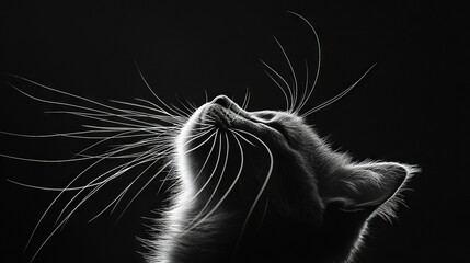  A monochrome portrait of a feline with its head raised and eyes shut