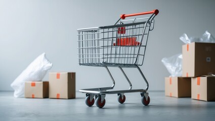 Shopping cart in side view, Delivery service concept, this image suggests online shopping where customers order items from retailer websites through the internet.