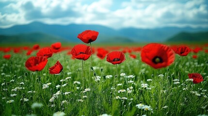 Naklejka premium Red poppies in a mountain meadow