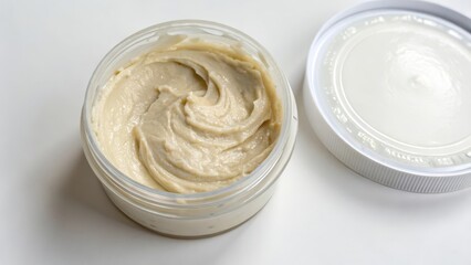 Creamy substance in jar on white background