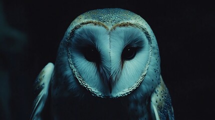 Portrait of nocturnal barn owl with a heart shaped face dark eyes and soft feathers A dark moody background enhances its ghostly presence