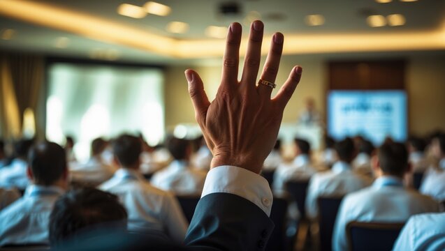 Businessman Raising Hand at a Conference.