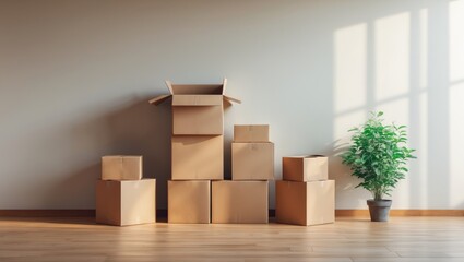 Cardboard boxes in a vacant room, concept of movement. No people.