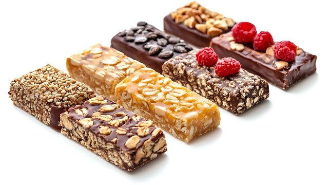 Berbagai Batang Snack Sehat dengan Kacang dan Buah Terisolasi di Latar Belakang Putih