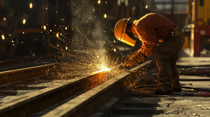 Fototapeta premium a worker performing welding work on railway tracks. He is dressed in protective workwear, including a helmet and a welding mask, which protects him from sparks and high temperatures. 