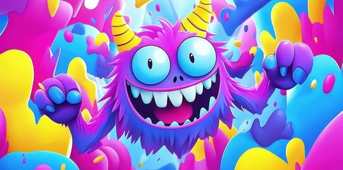 A playful cartoon monster surrounded by colorful abstract shapes