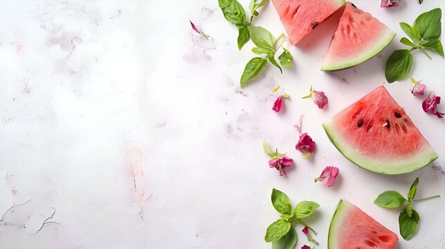 Irisan Semangka Segar dengan Daun Basil dan Kelopak Bunga untuk Musim Panas