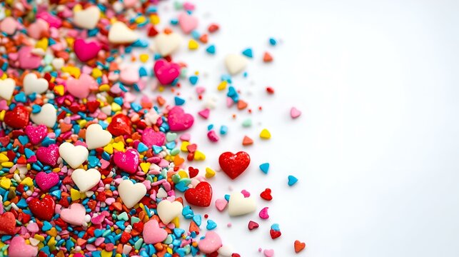 Taburan Hati dan Permen Warna Warni Terisolasi pada Latar Belakang Putih