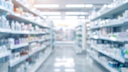 Fototapeta premium Defocused pharmacy store interior with medicine shelves and counters.