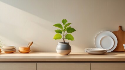 Fototapeta premium Minimal cozy counter mockup design for product display background. Branding in contemporary style featuring a bright wood top green counter alongside warm white wall plant pot, plates, and kitchenw...