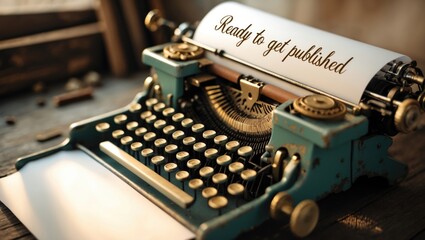 Close-up shot of a typewriter with a paper sheet displaying the phrase "ready to get published." There is space available for your text.