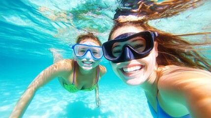 Fototapeta premium Two friend enjoying a joyful underwater selfie in a vibrant pool, capturing the moment