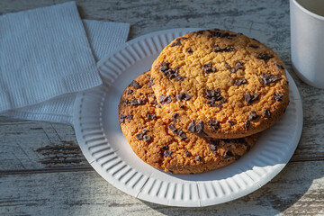 Aromatic chocolate cookie on a white disposable plate – an image of a cozy tea party. A piece of sweet happiness – homemade cookie with chocolate chips in the sunlight.