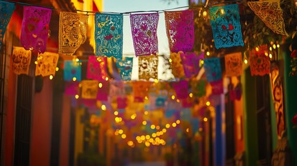 Fototapeta premium Vibrant papel picado banners hanging along a colorful street during cinco de mayo celebration, showcasing mexican culture and festive atmosphere with bright colors.