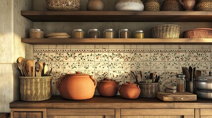 A kitchen designed with an earthy traditional Indian vibe
