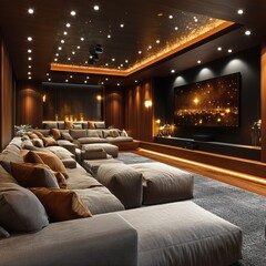Naklejka premium a luxurious home theater with comfortable seating and a large screen, perfect for entertainment and relaxation. It features warm lighting, modern design, and a cozy atmosphere
