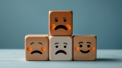 Wooden cubes featuring a positive person alongside neutral and displeased expressions. Concept for assessing an action or resource. Close up.