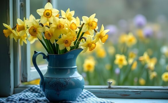 Daffodils in blue pitcher in front of open window
