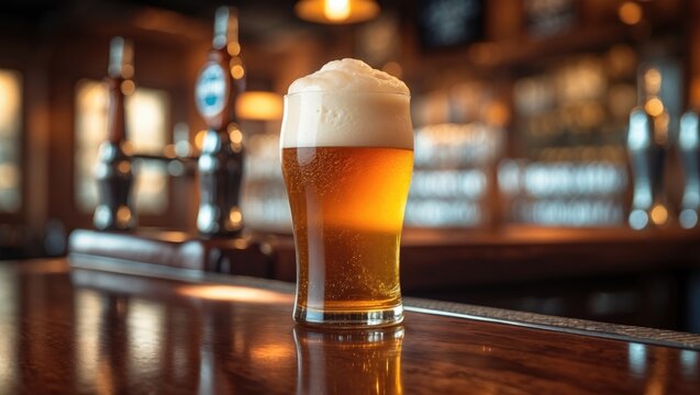 Low angle close-up view of a traditional tumbler pint-shaped beer glass filled with golden malt and hoppy India pale ale topped with foam on a wooden bar countertop.