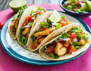 Authentic Mexican Tacos with Grilled Chicken and Pico de Gallo – Vibrant Fiesta Food on Pink Tablecloth