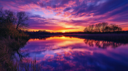 Fototapeta premium Serene Sunset Over Tranquil River Illuminates Sky Ablaze With Warm Colors And Reflective Water Gracefully