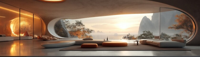 a modern living room with a stunning panoramic view. The room features sleek, minimalist furniture and large windows that showcase the surrounding landscape.