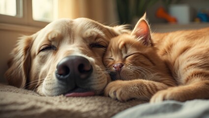 Obraz premium Cat and dog napping together. Kitten and puppy resting. Household pets. Animal care. Affection and companionship. Domestic animals.