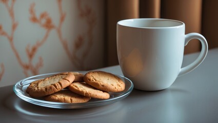 This image features a white cup next to a plate of biscuits, indicating a cozy snack arrangement.