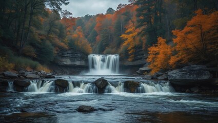 An autumn landscape of the roaring Falls beside the River in State Park.